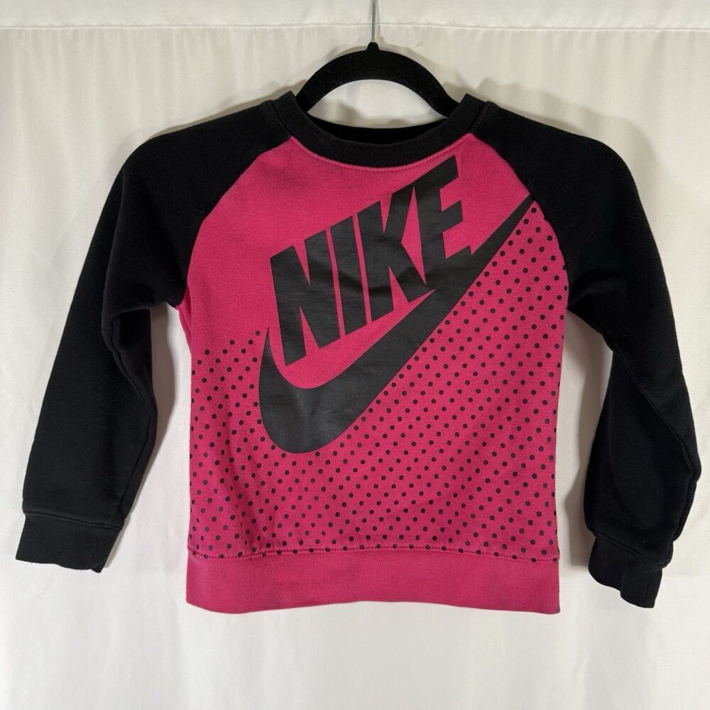 Nike Sweater Girls Large Pink Black Swoosh Crew Neck Long Sleeve Pullover